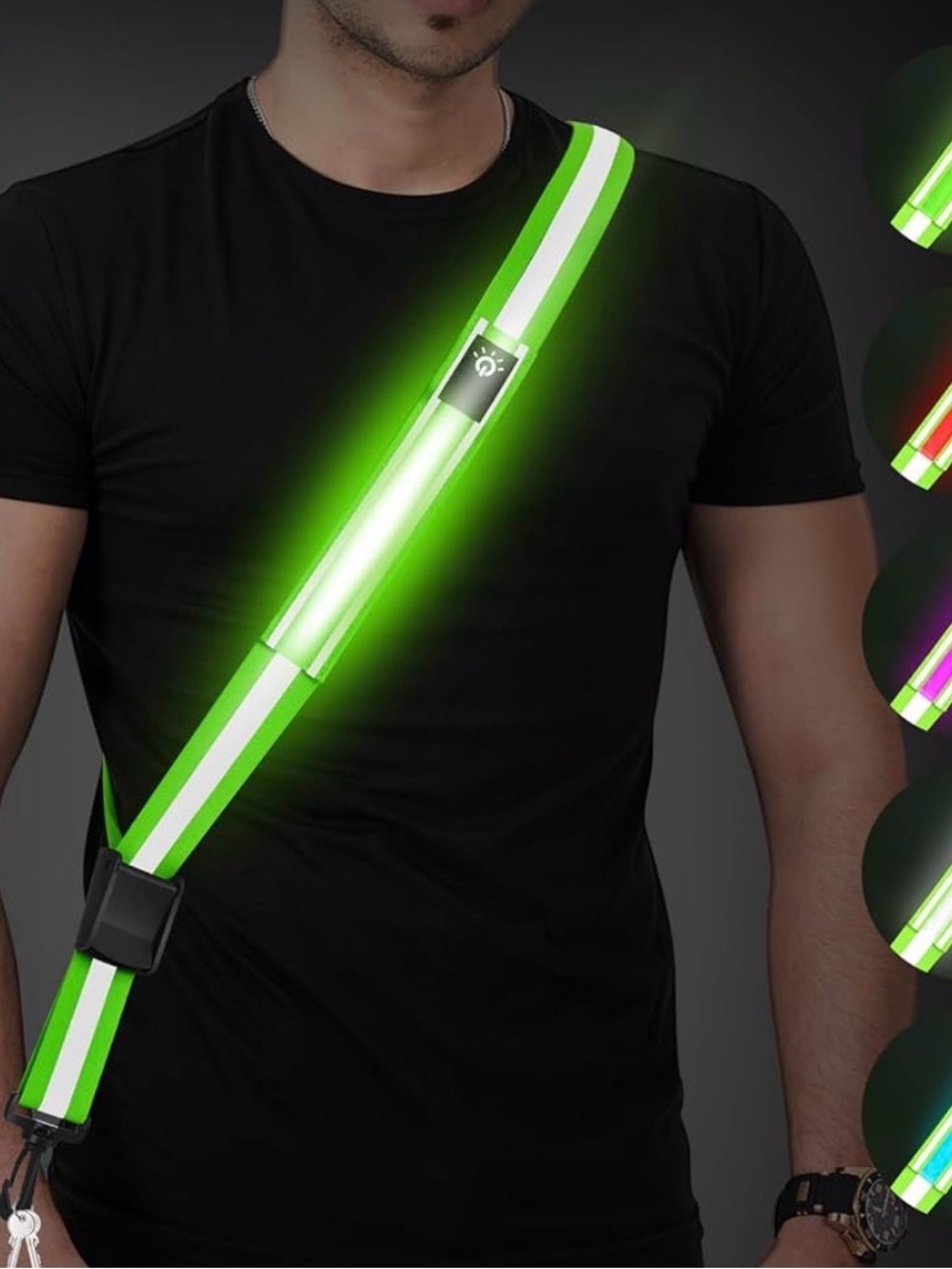 LED Reflective Crossbody Safety Strap - Bright Green for running, walking, etc.